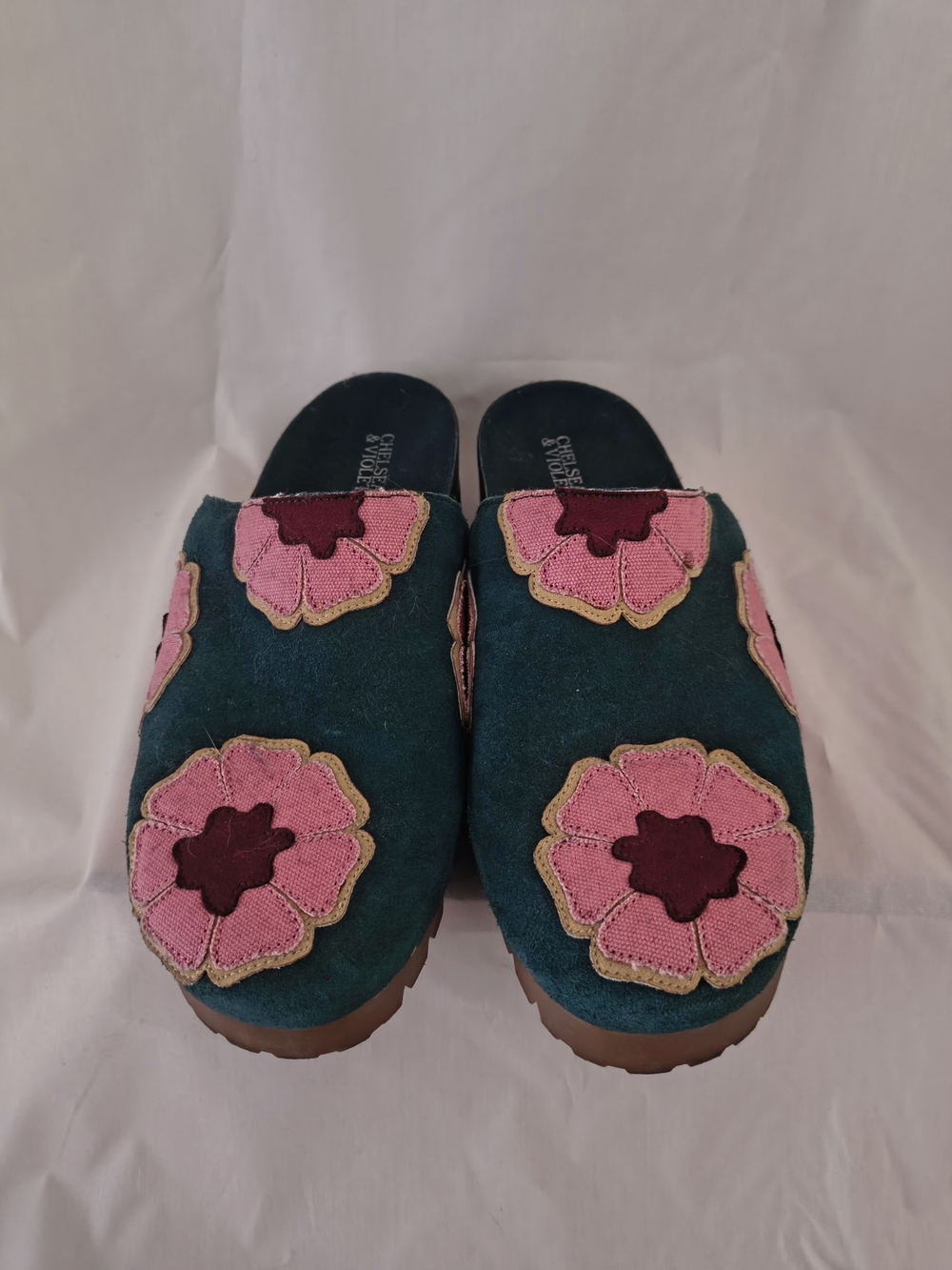 Chelsea & Violet Teal Suede Clogs with Pink Floral Appliques